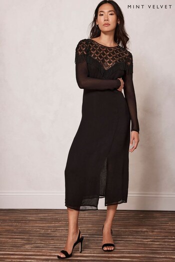 Mint Velvet Black Beaded Sheer Midi Dress (Q95264) | £189