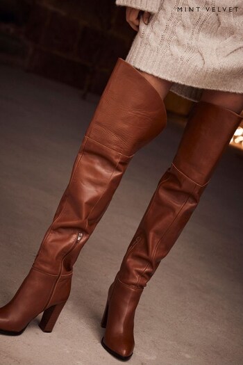 Mint Velvet Brown Tan Leather Long Boots (Q95290) | £249