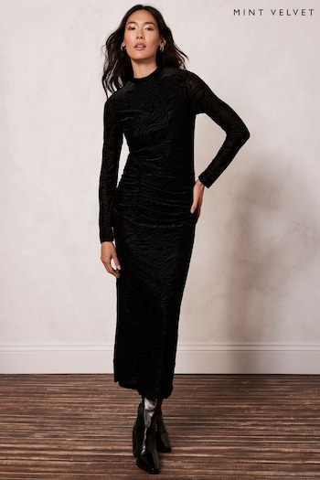 Mint Velvet Black Velvet Devoré Midi Dress (Q95295) | £129