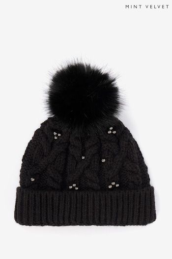 Mint Velvet Black Embellished Bobble Hat (Q95296) | £35