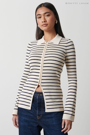 Pretty Lavish White Avery Striped Zip Knit Top (Q95307) | £52