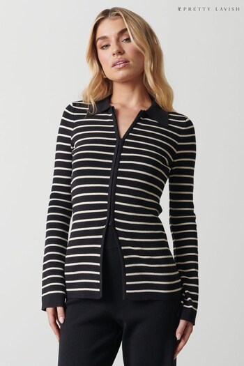 Pretty Lavish Black Avery Striped Zip Knit Top (Q95349) | £52