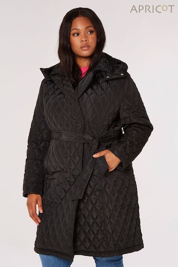 Apricot Black Quilted Tie Waist Hooded Parka Coat (Q95533) | £79