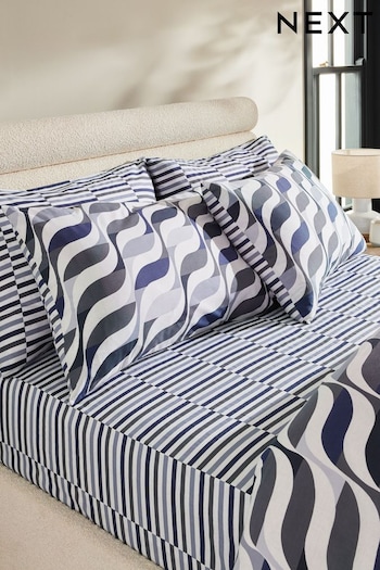 Blue Stripe 100% Cotton Printed Fitted Sheet And Pillowcase Set (Q95586) | £15 - £30