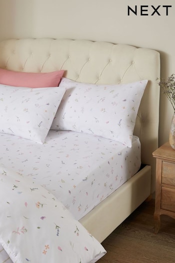 White Petal 100% Cotton Printed Fitted Sheet And Pillowcase Set (Q95589) | £15 - £30