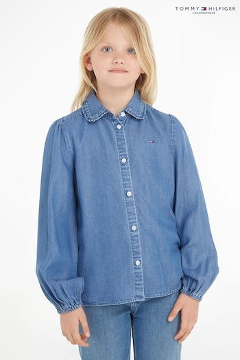 Tommy Hilfiger Blue Tencel Ruffle Collar Shirt (Q95755) | £55 - £65