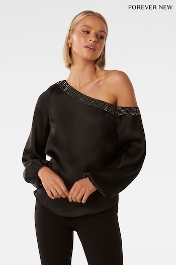 Forever New Black Anya Asymmetrical Embellished Top (Q95856) | £65