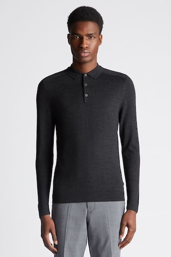Remus Uomo Grey Slim Fit Merino Wool-Blend Long Sleeve Knitted Polo Shirt (Q95905) | £85