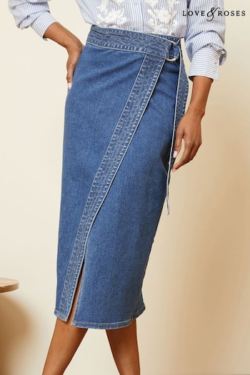Love & Roses Midwash Blue Wrap Denim Midi Skirt (Q95924) | £40