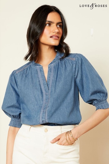 Love & Roses Blue Chambray Trim Puff Sleeve Blouse (Q95925) | £34