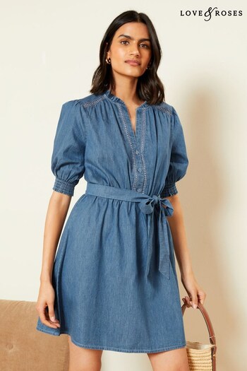 New In Furniture Navy Blue Chambray Trim Puff Sleeve Dress (Q95933) | £42