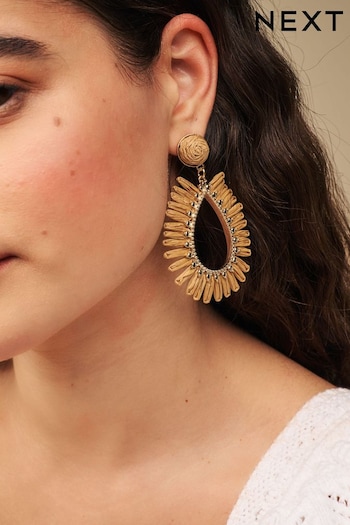 Brown Raffia Teardrop Statement Earrings Made With Recycled Metal (Q95968) | £14