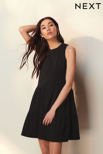 Black Sleeveless Tiered Mini Summer Jersey Dress (Q96104) | £16