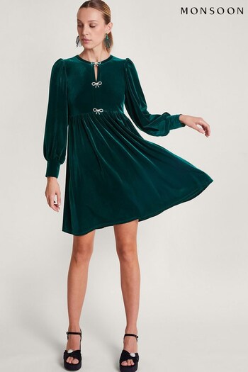Monsoon Green Evie Velvet Bow Dress (Q96314) | £75