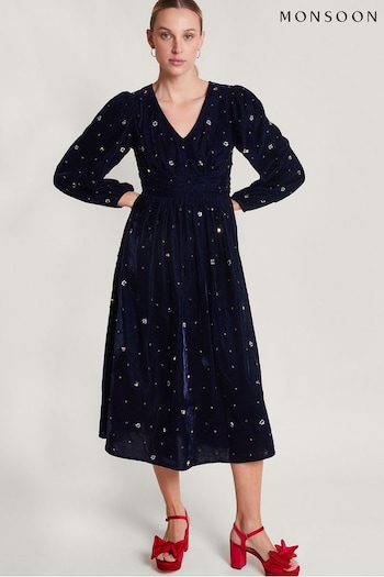 Monsoon Blue Dakota Embellished Velvet Dress (Q96321) | £150