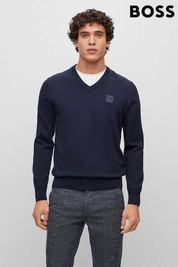 BOSS Blue Cotton-Cashmere Regular-fit Sweater With Logo Patch (Q96346) | £119