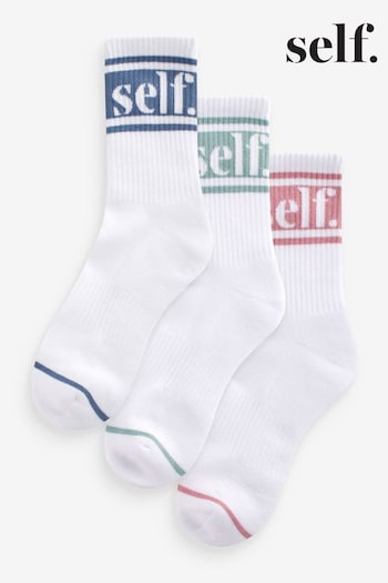 self. Pink/Navy/ Teal Cushioned Sole Ribbed Slogan Ankle Socks 3 Pack (Q96415) | £10