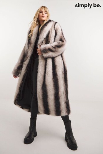 Simply Be Black Mono Stripe Faux Fur Maxi Coat (Q96417) | £110