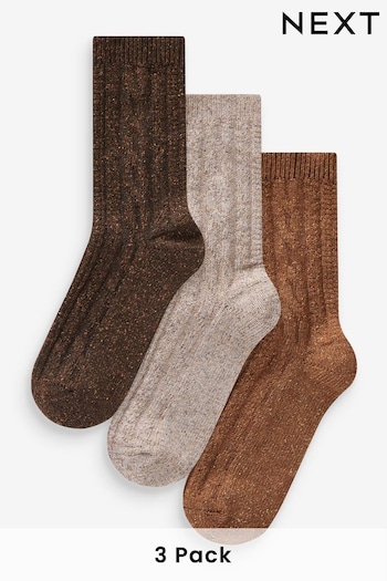 Brown Cable Thermal Wool Blend Ankle Socks With Silk 3 Pack (Q96427) | £14