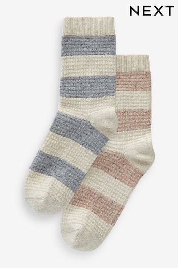 Neutral Stripe Waffle Texture Thermal Wool Blend Ankle Socks With Silk 2 Pack (Q96436) | £11