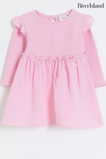 River Island Pink Baby Girls Rib Cheesecloth Dress (Q96473) | £16