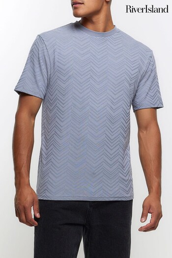 River Island Blue Slim Fit Chevron Texture T-Shirt (Q96488) | £23
