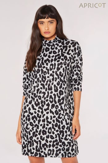 Apricot Grey Cheetah Mock Neck Long Sleeve Dress (Q96494) | £35