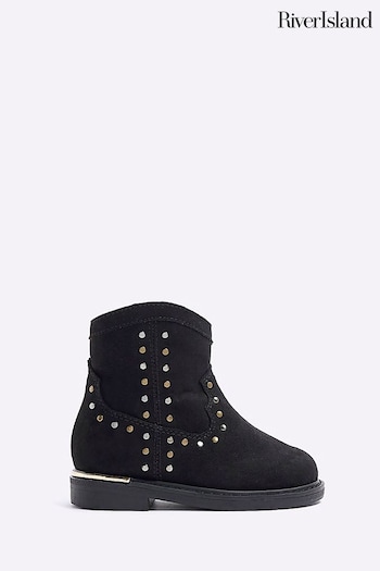 River Island Black Girls Black Studded Western Boots SL20 (Q96500) | £32