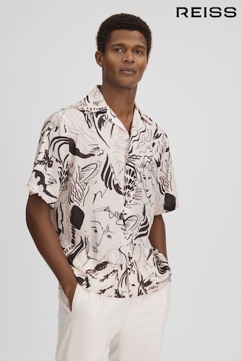 Reiss Black/White Epoque Sketch Design Cuban Collar Shirt (Q96504) | £118
