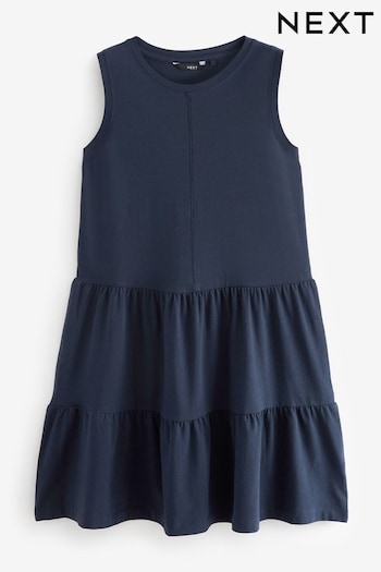 Navy Blue Sleeveless Tiered Mini Summer Jersey Dress Jungle (Q96553) | £16