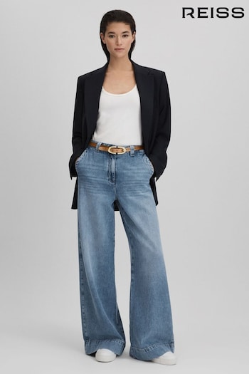 Reiss Light Blue Olivia Petite Wide Leg Contrast Stitch Jeans (Q96622) | £150