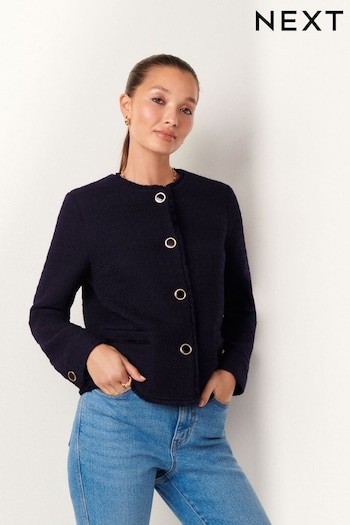 Navy Collarless Boucle Button Detail Jacket (Q96656) | £52