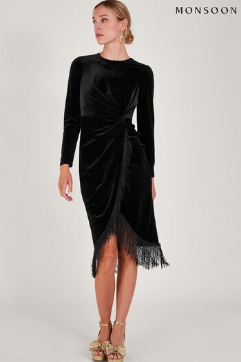 Monsoon Flossie Velvet Fringe Black Dress (Q96705) | £90