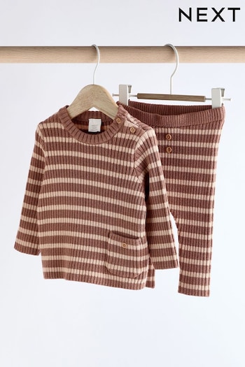 Brown Stripe Baby Knitted Rib Top and Leggings Set (0mths-2yrs) (Q96773) | £18 - £20