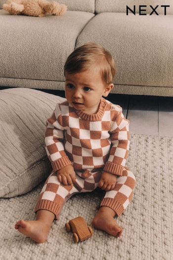 Brown Checkerboard Knitted Baby Romper (0mths-2yrs) (Q96807) | £17 - £19