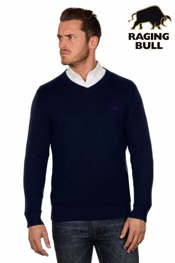 Raging Bull Blue Classic V-Neck Knit Jumper (Q96810) | £89