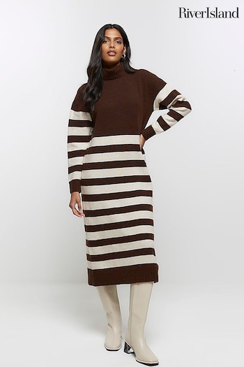 River Island Brown Stripe Roll Neck Knitted Midi Dress (Q97360) | £50