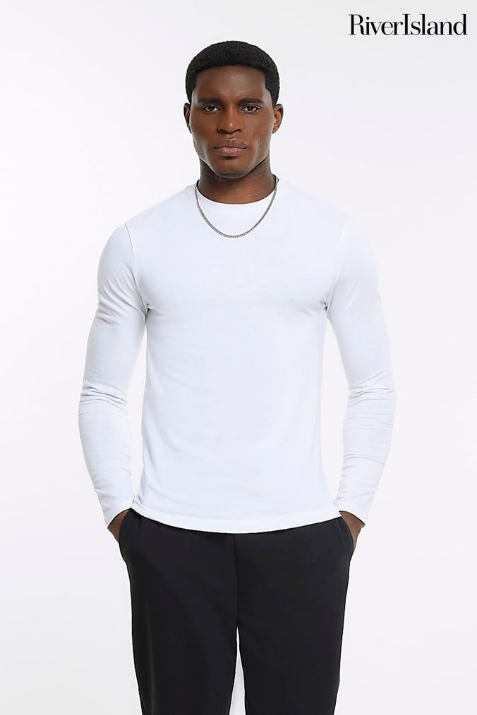 River Island White Muscle Fit Long Sleeve T-Shirt (Q97363) | £15
