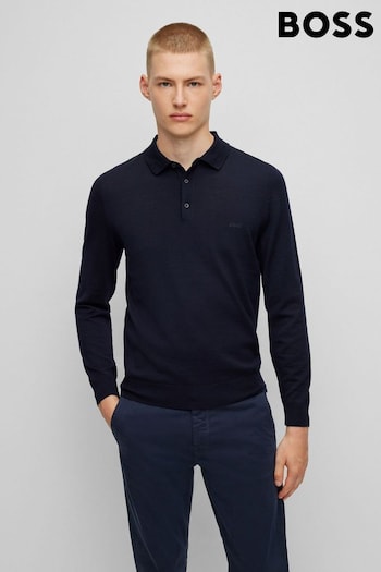 BOSS Blue Virgin Wool Polo Sweater with Embroidered Logo (Q97417) | £159