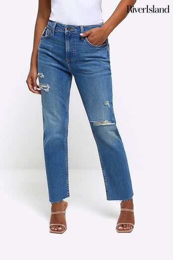 River Island Blue Slim Petite Straight Ripped Jeans (Q97422) | £48