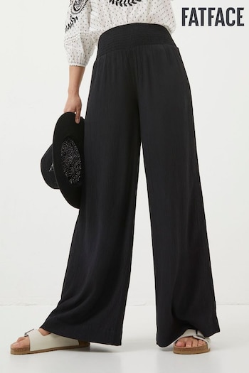 FatFace Black Shirred Wide Leg Palazzo Trousers Ruched (Q97489) | £49.50