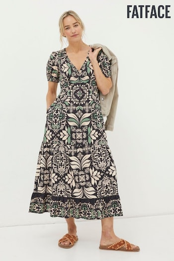 FatFace Black Priya Mosaic Leaf Midi Dress (Q97505) | £75