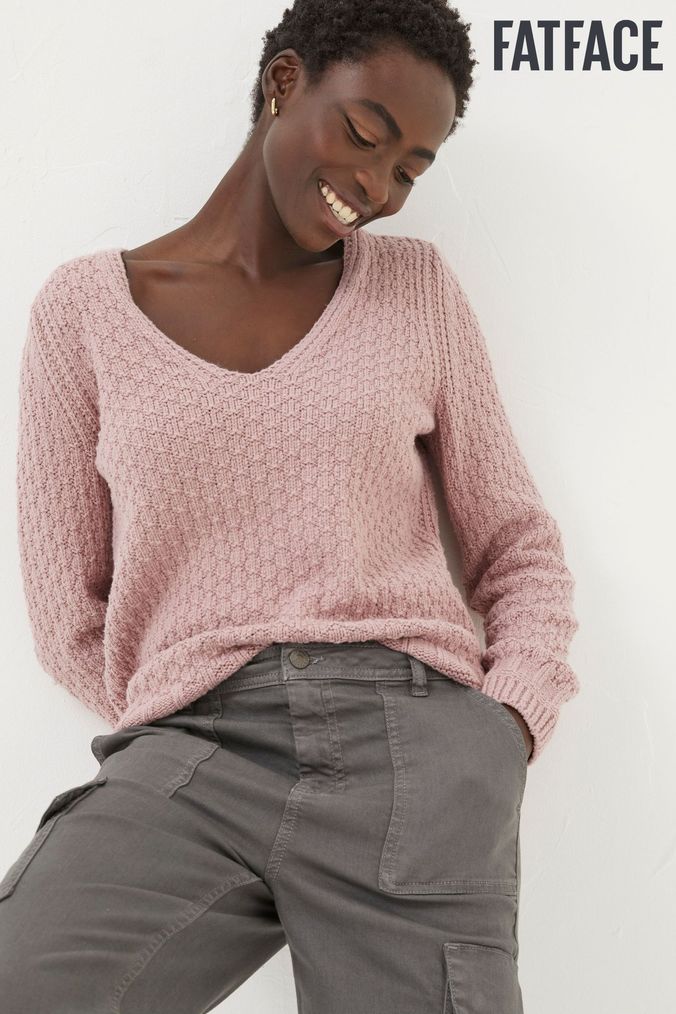 Pink v neck jumper womens hot sale