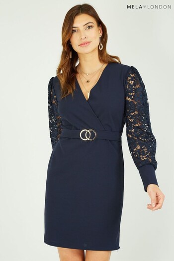 Mela Blue Lace Sleeve Dress With Gold Belt Detail (Q97619) | £40