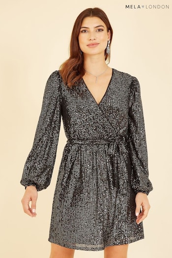 Mela Black Sequin Belted Wrap Long Sleeve Dress (Q97638) | £50