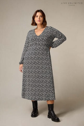 Live Unlimited Curve - Mono Ditsy Print Jersey Gathered Waist Black Midi Dress (Q97671) | £59