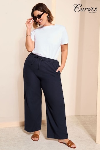 Curves Like These Navy Blue Cotton/ Linen Mix Wide Leg Trousers (Q97825) | £30