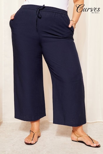 Curves Like These Navy Blue Cotton/ Linen Mix Wide Leg Crop Trousers (Q97826) | £28
