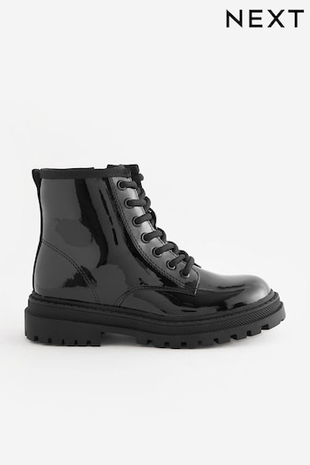 Black Patent Standard Fit (F) Warm Lined Lace Up Boots (Q97832) | £29 - £36