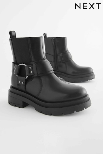 Black Standard Fit (F) Leather Chunky Biker Boots (Q97871) | £40 - £47